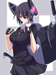 Rule 34 | &gt;:), 10s, 1girl, black hair, breasts, cardigan, eyepatch, fingerless gloves, gloves, kantai collection, kichihachi, large breasts, necktie, personification, short hair, skirt, smile, solo, sword, tenryuu (kancolle), v-shaped eyebrows, weapon, yellow eyes