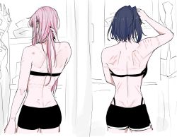 Rule 34 | 2girls, back, back turned, bare shoulders, bite mark, black bra, black shorts, blue hair, bra, earrings, holocouncil, hololive, hololive english, holomyth, jewelry, long hair, mori calliope, multiple girls, notziegler, ouro kronii, piercing, pink hair, scratches, short hair, shorts, standing, underwear, virtual youtuber