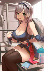 Rule 34 | 1girl, absurdres, barbell, bare shoulders, bench, black thighhighs, blush, bottle, breasts, cleavage, green eyes, hairband, highres, hololive, indoors, large breasts, medium hair, notebook, open mouth, pencil, shirogane noel, shogyo kamo mujo, short shorts, shorts, silver hair, sitting, solo, sports bra, sweat, thighhighs, thighs, virtual youtuber, water bottle, window, wrist cuffs