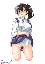 Rule 34 | 1girl, blush, brown eyes, brown hair, cowboy shot, cropped legs, ebifurya, female pubic hair, gluteal fold, groin, hair between eyes, hakama, hakama short skirt, hakama skirt, highres, japanese clothes, kaga (kancolle), kantai collection, lifting own clothes, looking at viewer, no panties, open mouth, pubic hair, shaded face, side ponytail, simple background, skirt, solo, twitter username, white background