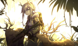 Rule 34 | 1girl, absurdres, antlers, arknights, black gloves, bow (weapon), bowl, commentary request, cowboy shot, crossbow, elk, firewatch (arknights), gloves, grey eyes, grey hair, grey jacket, hair between eyes, highres, holding, holding bowl, horns, jacket, long hair, long sleeves, looking at viewer, parted lips, ponytail, weapon, yumuto (spring1786)