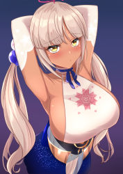 Rule 34 | 1girl, absurdres, armpits, arms behind head, arms up, blue ribbon, blunt bangs, blush, breasts, dark-skinned female, dark skin, elbow gloves, gloves, gradient background, heckler kai, highres, hololive, hololive english, large breasts, leotard, light brown hair, limiter (tsukumo sana), long hair, looking at viewer, low twintails, neck ribbon, ribbon, see-through, see-through skirt, sideboob, skirt, solo, star (symbol), star print, tsukumo sana, tsukumo sana (1st costume), twintails, virtual youtuber, white gloves, yellow eyes