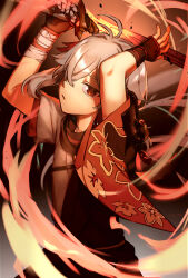 Rule 34 | 1boy, armor, arms up, bandaged arm, bandaged hand, bandages, closed mouth, fingerless gloves, genshin impact, gloves, grey hair, hair between eyes, hair over one eye, highres, holding, holding sword, holding weapon, japanese armor, japanese clothes, kaedehara kazuha, leaf print, looking at viewer, male focus, red eyes, red hair, solo, sword, weapon, wide sleeves, yamimumemo