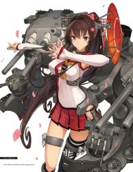 Rule 34 | 10s, 1girl, black thighhighs, breasts, brown eyes, brown hair, cannon, cherry blossoms, covered navel, detached sleeves, female focus, flower, hair flower, hair intakes, hair ornament, headgear, highres, kantai collection, large breasts, long hair, looking at viewer, matching hair/eyes, mecha musume, miniskirt, official art, parasol, personification, petals, pleated skirt, ponytail, shizuma yoshinori, simple background, single thighhigh, skirt, sleeves past wrists, smile, solo, thigh strap, thighhighs, turret, umbrella, very long hair, white background, yamato (kancolle), yamato kai (kancolle)
