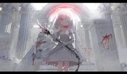Rule 34 | 1girl, backlighting, blood, bow, bowtie, dress, elbow gloves, eyepatch, gloves, halo, highres, letterboxed, looking at viewer, mace, original, red bow, red bowtie, red eyes, ruins, samidare (hoshi), skull, smile, solo, veil, weapon, white dress, white gloves, white hair