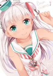 Rule 34 | 1girl, anchor hair ornament, anchor necklace, breasts, dress, green eyes, hair ornament, hair ribbon, headgear, highres, jewelry, kantai collection, long hair, looking at viewer, maestrale (kancolle), nahaki, necklace, one side up, ribbon, sailor collar, sailor dress, silver hair, simple background, sleeveless, sleeveless dress, small breasts, smile, solo, striped neckwear, text focus, white background, white dress, white ribbon