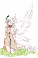 Rule 34 | 1girl, asymmetrical wings, bare arms, bare shoulders, barefoot, breasts, chain, closed mouth, collar, commentary request, grass, green eyes, horns, kneeling, konshin, large breasts, long hair, looking at viewer, metal collar, multiple wings, original, robe, simple background, white background, white hair, wings