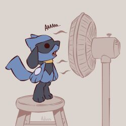 advos artist_name black_fur blue_fur chibi creatures_(company) electric_fan fan_speaking game_freak gen_4_pokemon grey_background nintendo no_humans open_mouth pokemon pokemon_(creature) riolu simple_background solo sound_effects stool two-tone_fur