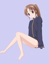 Rule 34 | 1girl, bare legs, barefoot, female focus, jacket, long sleeves, naked jacket, saki (manga), simple background, solo, takakamo shizuno, track jacket