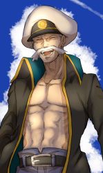 Rule 34 | 1boy, abs, belt, black coat, black footwear, blue pants, blue sky, boots, cloud, coat, collarbone, creatures (company), drake (pokemon), facial hair, game freak, hands in pockets, hat, high collar, male focus, mature male, mustache, navel, nintendo, old, old man, open clothes, open coat, open mouth, pants, peaked cap, poke ball symbol, poke ball theme, pokemon, pokemon rse, sanwari (aruji yume), sky, smile, solo, standing, stomach, teeth, tongue, trench coat, v-shaped eyebrows, white hair, white hat