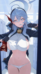 1girl absurdres ako_(blue_archive) armband bell blue_archive blue_hair blue_halo breasts brushing_teeth cowbell cowboy_shot crossed_bangs gloves half_gloves halo highres holding holding_toothbrush lamser locker lowleg lowleg_panties navel neck_bell panties red_armband sideboob sideless_outfit sideless_shirt solo sweat toothbrush underwear white_panties