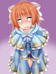 Rule 34 | 1girl, ahoge, between legs, blue bow, blue bowtie, blue capelet, blue dress, blunt bangs, blush, bow, bowtie, buttons, capelet, collarbone, dress, embarrassed, artistic error, female focus, frilled capelet, frilled dress, frills, glint, gradient background, hair ribbon, halftone, hand between legs, have to pee, highres, indie virtual youtuber, long hair, long sleeves, miso panda, mole, mole under eye, nose blush, o o, open mouth, orange hair, outline, own hands together, peeing, peeing self, purple background, ribbon, shindo leo, sidelocks, simple background, solo, standing, steam, striped, striped bow, sweat, tears, thick eyebrows, two-tone background, v-shaped eyebrows, v arms, virtual youtuber, wavy mouth, white eyes, white outline, white ribbon