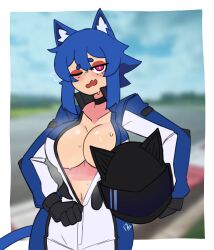 Rule 34 | 1girl, absurdres, animal ear fluff, animal ears, animal hat, black gloves, blue hair, blue jacket, blurry, blurry background, blush, breasts, breath, cat ears, cat girl, cat hat, cat tail, choker, cleavage, collarbone, cowboy shot, doce, fang, female focus, freckles, gloves, hair between eyes, half-closed eyes, hat, helmet, highres, holding, holding helmet, jacket, large breasts, looking at viewer, multicolored clothes, multicolored jacket, navel, one eye closed, open clothes, open jacket, open mouth, original, pink eyes, racing suit, skin fang, solo, sweat, tail, unworn headwear, unworn helmet, unzipping, wavy mouth, white jacket, xiao (docecaedrus)