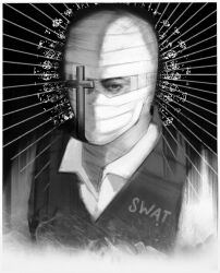 Rule 34 | 1boy, absurdres, bandaged head, bandages, bulletproof vest, commentary, cross, emphasis lines, fallout (series), fallout: new vegas, greyscale, highres, joshua graham, male focus, monochrome, portrait, solo, xyanaid
