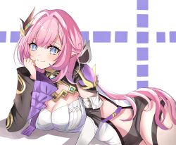 Rule 34 | 1girl, black shorts, blue eyes, breasts, cleavage, clothing cutout, cross background, detached sleeves, elf, elysia (honkai impact), elysia (miss pink elf) (honkai impact), hair between eyes, hair ornament, hand on own chin, highres, honkai (series), honkai impact 3rd, large breasts, long hair, looking at viewer, pink hair, pink pupils, pointy ears, pomupurin, shirt, short shorts, shorts, side cutout, simple background, smile, solo, thighs, white shirt