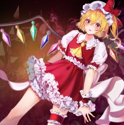 Rule 34 | 1girl, absurdres, ascot, bad id, bad pixiv id, blonde hair, blush, bow, bridal garter, buri (retty9349), crystal, dutch angle, embodiment of scarlet devil, flandre scarlet, frilled shirt, frilled shirt collar, frilled skirt, frilled sleeves, frills, hair between eyes, hat, hat bow, highres, looking down, miniskirt, mob cap, open mouth, puffy short sleeves, puffy sleeves, red bow, red eyes, red skirt, red vest, shirt, short hair, short sleeves, side ponytail, skirt, skirt set, touhou, vest, white shirt, wings, yellow ascot