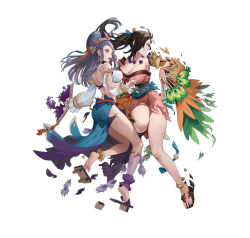 Rule 34 | 2girls, breasts, brown eyes, brown hair, damaged, fire emblem, fire emblem fates, fire emblem heroes, hand fan, hand up, kagero (fire emblem), kagero (winds offered) (fire emblem), large breasts, midriff, multiple girls, nintendo, non-web source, official alternate costume, official art, orochi (fire emblem), orochi (winds offered) (fire emblem), pelvic curtain, pinwheel hair ornament, purple eyes, purple hair, sandals, torn clothes, white background