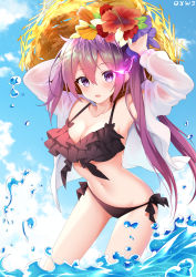 Rule 34 | 1girl, absurdres, armpits, arms up, bare shoulders, bikini, black bikini, black rock shooter, breasts, cleavage, cloud, collarbone, day, flower, frilled bikini, frills, hair between eyes, hair flower, hair ornament, hat, hibiscus, highres, long hair, looking at viewer, medium breasts, navel, open clothes, open mouth, open shirt, outdoors, oywj, purple eyes, purple hair, see-through, shirt, side-tie bikini bottom, sky, solo, stomach, straw hat, swimsuit, thighs, twintails, wading, water, white shirt