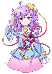 1girl blue_shirt buttons commentary_request eyeball frilled_shirt_collar frilled_sleeves frills hair_ornament heart heart_button heart_hair_ornament highres komeiji_satori long_hair long_sleeves looking_at_viewer miy_001 open_mouth pink_skirt purple_eyes purple_hair ribbon-trimmed_collar ribbon_trim shirt signature simple_background skirt solo third_eye touhou white_background