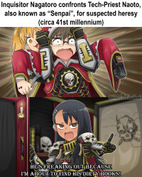 Rule 34 | 1boy, 2girls, 2koma, :3, :d, absurdres, adeptus mechanicus, alternate costume, asymmetrical bangs, bandaged arm, bandages, black-framed eyewear, black hair, blurry, blurry background, brown eyes, brown hair, candle, carriage, clenched hands, comic, commentary, earclip, emphasis lines, empty eyes, english commentary, english text, fang, gauntlets, glasses, hair ornament, hairclip, highres, hooded robe, idiot of the east, ijiranaide nagatoro-san, inquisition (warhammer), locked arms, long hair, mechanical arms, multiple girls, nagatoro hayase, open mouth, parody, pointing, pointing at another, rectangular mouth, red robe, restrained, ringed eyes, robe, sanpaku, short hair, single mechanical arm, skin fang, skull, smile, twitter username, upper body, v-shaped eyebrows, warhammer 40k, yoshi (nagatoro)