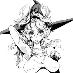 Rule 34 | 1girl, adjusting hair, arm behind head, arm up, armpits, bra, breasts, collarbone, elf, endou okito, female focus, glasses, greyscale, hat, long hair, looking at viewer, monochrome, parted lips, pointy ears, simple background, smile, solo, underwear, witch hat