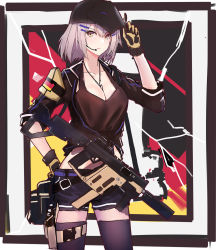 Rule 34 | 1girl, breasts, cleavage, dog tags, earpiece, echj, german flag, girls&#039; frontline, gloves, gun, hair ornament, hairclip, highres, holster, jacket, kriss vector, mask, mask on head, open clothes, open jacket, shorts, solo, submachine gun, tank top, thighhighs, vector (girls&#039; frontline), weapon