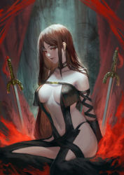 Rule 34 | 1girl, arms behind back, bare shoulders, black gloves, breasts, brown hair, buckle, center opening, cleavage, collar, collarbone, yu mei-ren (fate), ear piercing, fate/grand order, fate (series), gloves, lips, long hair, looking at viewer, medium breasts, navel, pale skin, parted lips, phamoz, piercing, planted sword, planted, red eyes, revealing clothes, sitting, solo, stomach, sword, very long hair, weapon