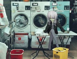 Rule 34 | 1girl, 1other, arm support, black jacket, cigarette, cigarette pack, commentary request, crossed legs, denki enzanki, dress, folding table, hair over one eye, highres, holding, holding cigarette pack, jacket, laundromat, laundry basket, light purple hair, long sleeves, looking down, mouth hold, no shoes, on table, open clothes, open jacket, photo background, photo inset, purple dress, purple eyes, purple thighhighs, ribbed dress, ribbed thighhighs, short dress, short hair with long locks, sitting, smoke trail, smoking, solo focus, table, thighhighs, vocaloid, voiceroid, washing machine, yuzuki yukari