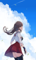 Rule 34 | 1girl, akagi (kancolle), breasts, brown hair, closed mouth, cloud, contrail, day, gloves, hakama, hakama skirt, highres, japanese clothes, kantai collection, kouga (mutsumi), large breasts, leaf, long hair, muneate, outdoors, partially fingerless gloves, partly fingerless gloves, red hakama, single glove, skirt, sky, solo, tasuki, thighhighs, wind, yellow eyes, yugake