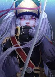 Rule 34 | 10s, 1girl, absurdres, altair (re:creators), bad id, bad pixiv id, gauntlets, hat, highres, long hair, military, military uniform, re:creators, red eyes, saber (weapon), shako cap, solo, sword, uniform, weapon, white hair