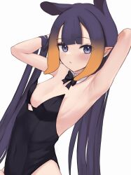 Rule 34 | 1girl, armpits, arms up, black bow, black leotard, blush, bow, collar, detached collar, highres, hololive, hololive english, leotard, long hair, looking at viewer, ninomae ina&#039;nis, open mouth, playboy bunny, pointy ears, purple eyes, purple hair, ryoya, simple background, tentacle hair, virtual youtuber, white background, white collar