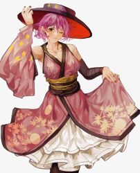 Rule 34 | 1girl, ;), \||/, adapted costume, arm up, armpits, bare shoulders, bowl, bowl hat, breasts, closed mouth, collarbone, detached sleeves, dress, feet out of frame, floral print, grey background, hair between eyes, hat, highres, light smile, long sleeves, looking at viewer, medium breasts, nail polish, one eye closed, pantyhose, purple dress, purple hair, red eyes, red nails, short hair, simple background, smile, solo, sukuna shinmyoumaru, tomatolover16, toned, touhou