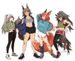 Rule 34 | 4girls, alternate costume, animal ears, arknights, ashlock (arknights), asymmetrical legwear, black footwear, black pants, black shorts, blue footwear, blue jacket, blue sweater, blush, bright pupils, casual, commentary, cropped sweater, english commentary, fartooth (arknights), feather hair, flametail (arknights), green shirt, green sweater, grey eyes, grey hair, grey sports bra, grin, hawberries, hood, hooded sweater, horse ears, horse girl, horse tail, jacket, leg warmers, long hair, long sleeves, material growth, midriff, mismatched legwear, multiple girls, navel, open clothes, open jacket, oripathy lesion (arknights), pants, pants under shorts, ponytail, red eyes, red footwear, red hair, red shorts, shirt, shoes, short hair, shorts, simple background, smile, sports bra, squirrel ears, squirrel girl, squirrel tail, sweater, tail, white background, white footwear, white pupils, white shorts, wild mane (arknights)