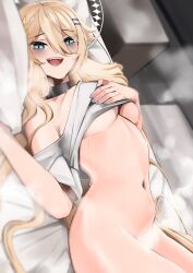 Rule 34 | 1girl, absurdres, blonde hair, blue eyes, breasts, choker, cleavage, hand on own chest, highres, kaneko lumi, large breasts, long hair, navel, phase connect, pupi (rain prophet), steam, stomach, virtual youtuber