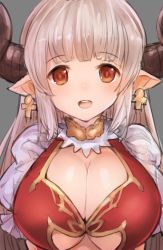 Rule 34 | 10s, 1girl, alicia (granblue fantasy), blush, breasts, center opening, cleavage, draph, dress, earrings, gloves, granblue fantasy, highres, horns, jewelry, large breasts, long hair, open mouth, pointy ears, red eyes, silver hair, simple background, smile, solo, u rin, white background, white gloves