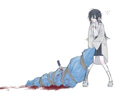 Rule 34 | 1girl, blood, blood trail, bloody knife, blue bag, body bag, closed mouth, coat, collared shirt, commentary, eyepatch, grey hair, highres, knife, long hair, long sleeves, low twintails, mashiro yuuki (nakigara gakkyuu), nakigara gakkyuu, nakigarasu, neck ribbon, open clothes, open coat, red ribbon, ribbon, school uniform, shirt, simple background, skirt, solo, symbol-only commentary, twintails, white background, white footwear, white shirt, wide shot