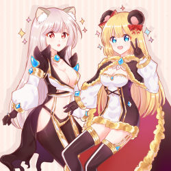 Rule 34 | 2girls, animal ear fluff, animal ears, bear ears, black coat, black gloves, black legwear, black pants, blonde hair, blue eyes, blush, bow, breasts, brown cape, brown dress, cape, cat ears, cleavage, coat, commentary request, dress, drop shadow, feet out of frame, fur-trimmed cape, fur-trimmed dress, fur trim, garter straps, gem, gloves, gold trim, hair bow, halterneck, highres, jewelry, light (luxiao deng), long hair, long sleeves, looking at viewer, medium breasts, multiple girls, official alternate costume, open mouth, pants, pink hair, ragnarok online, red bow, red cape, red eyes, ring, short dress, smile, sparkle, strapless, strapless dress, striped, striped background, suspenders, thighhighs, two-sided cape, two-sided fabric, two-tone dress, two-tone legwear, v, vertical stripes, very long hair, warlock (ragnarok online), white dress, white legwear, yellow background