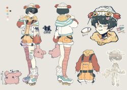 Rule 34 | 1boy, :&lt;, :t, ;q, absurdres, alternate costume, animal hat, aqua footwear, asymmetrical legwear, badge, bandaid, bandaid on face, bandaid on leg, bandaid on nose, beanie, belt, black belt, black hair, bowl cut, button badge, candy, character sheet, chibi, chibi inset, choppy bangs, color guide, crab-roe soup bun (the tale of food), crab hair ornament, crab hat, cropped shoulders, crossed legs, food, full body, gauze, grey background, hair ornament, hairclip, hat, highres, holding, holding candy, holding food, holding stuffed toy, hood, hood down, hoodie, inline skates, jacket, leg warmers, lollipop, male focus, mararao23, multiple views, off shoulder, one eye closed, open clothes, open jacket, orange overalls, overall shorts, overalls, red shirt, red thighhighs, roller skates, shirt, short hair, simple background, single leg warmer, single thighhigh, skates, standing, striped clothes, striped thighhighs, stuffed crab, stuffed toy, the tale of food, thighhighs, tongue, tongue out, turnaround, unzipped, white headwear, white jacket, yellow eyes, yellow hoodie, zipper