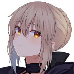 Rule 34 | 1girl, ahoge, artoria pendragon (all), artoria pendragon (fate), black ribbon, blonde hair, braid, close-up, commentary request, fate/stay night, fate (series), hair ribbon, highres, jun (aousa0328), lock, looking at viewer, ribbon, saber alter, short hair, short hair with long locks, simple background, solo, white background, yellow eyes