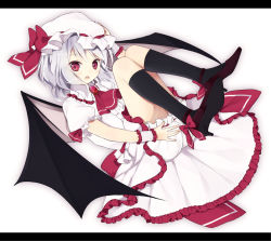 Rule 34 | 1girl, :o, bat wings, bloomers, blue hair, female focus, hand on headwear, hat, hat ribbon, letterboxed, looking at viewer, purin jiisan, red eyes, remilia scarlet, ribbon, simple background, solo, touhou, underwear, white background, wings