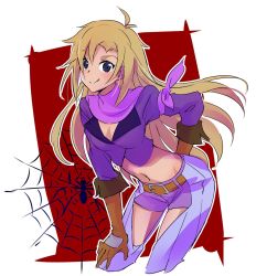 Rule 34 | 1girl, ahoge, belt, blonde hair, blue eyes, breasts, bug, cleavage, commentary request, gloves, highres, iesupa, navel, open pants, pants, rwby, shorts, silk, smile, solo, spider, spider web, spider web print