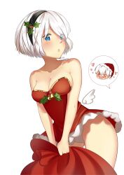 Rule 34 | 1girl, 2b (nier:automata), 9s (nier:automata), black hairband, blue eyes, breasts, christmas, cleavage, hair ornament, hairband, hat, heart, holly, holly hair ornament, kiyasuriin, medium breasts, nier:automata, nier (series), santa hat, simple background, solo, tagme, white background, white hair