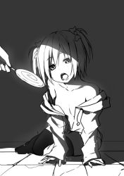 Rule 34 | 1girl, bare shoulders, candy, food, greyscale, lollipop, monochrome, open mouth, original, petite, short hair, sky-freedom, sky (sky-freedom), thighhighs