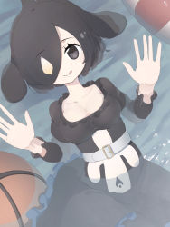 Rule 34 | 1girl, :q, afloat, belt, black eyes, black hair, blonde hair, breasts, cleavage, closed mouth, collarbone, commentary request, dress, fins, frilled dress, frills, from above, hair over one eye, hands up, head fins, highres, kemono friends, lifebuoy, long sleeves, looking at viewer, medium breasts, mochorinpun, multicolored hair, muted color, orca (kemono friends) (mochorinpun), original, outstretched hand, parted bangs, partially submerged, short hair, smile, solo, swim ring, tongue, tongue out, two-tone hair, water, white hair