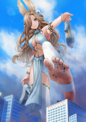 Rule 34 | 1girl, absurdres, animal ears, blue dress, blue eyes, braid, breasts, brown hair, city, day, dress, feet, flower, foot focus, foot out of frame, from below, giant, giantess, hair over one eye, high heels, highres, holding, jewelry, knee up, large breasts, long hair, looking at viewer, no shoes, original, outdoors, parted bangs, rabbit ears, rubble, sahara1127, shoes, unworn shoes, soles, standing, standing on one leg, stirrup legwear, thighhighs, toe ring, toeless legwear, toes, underboob, white thighhighs