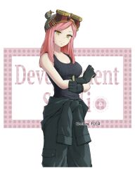 Rule 34 | 1girl, absurdres, artist name, black gloves, boku no hero academia, breasts, cleavage, clothes around waist, gloves, goggles, goggles on head, hatsume mei, highres, jacket, jacket around waist, long hair, medium breasts, pants, pink hair, pocket, solo, standing, thumbs up, usteca flea, white background, yellow eyes