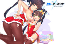 Rule 34 | aged down, allwei, alternate costume, animal ear fluff, animal ears, armpits, ass, bare shoulders, black hair, black pantyhose, black thighhighs, blue archive, box, cherry, christmas, collarbone, cream on breasts, dress, dual persona, extra ears, food, fruit, gift, gift box, green eyes, hairband, halo, high heels, kneeling, pantyhose, red dress, seiza, short dress, shun (blue archive), shun (small) (blue archive), sitting, strapless, strapless dress, strawberry, thighhighs, tiger ears, tiger girl, zettai ryouiki