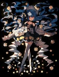 Rule 34 | 1girl, black background, black gloves, blue hair, bonnet, breasts, cleavage, crossed legs, dress, elbow gloves, full body, garter straps, gloves, highres, jpeg artifacts, long hair, looking at viewer, open mouth, original, star (symbol), thighhighs, white thighhighs, yasiromann