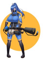 Rule 34 | 1girl, absurdres, ahoge, black footwear, black gloves, blu pyro (tf2), blue bodysuit, blue eyes, blue hair, bodysuit, boots, breasts, flamethrower, full body, gas mask, genderswap, genderswap (otf), gloves, hair over one eye, highres, holding, holding weapon, knee boots, large breasts, long hair, looking at viewer, mask, ponytail, pyro (tf2), solo, standing, team fortress 2, transparent background, two-tone background, weapon, white background, yellow background, ysui0000