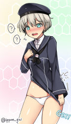 Rule 34 | 10s, 1girl, beret, blue eyes, blush, clothes writing, dress, hat, ippongui, kantai collection, open mouth, panties, sailor collar, sailor dress, sailor hat, short hair, silver hair, solo, underwear, white panties, z1 leberecht maass (kancolle)
